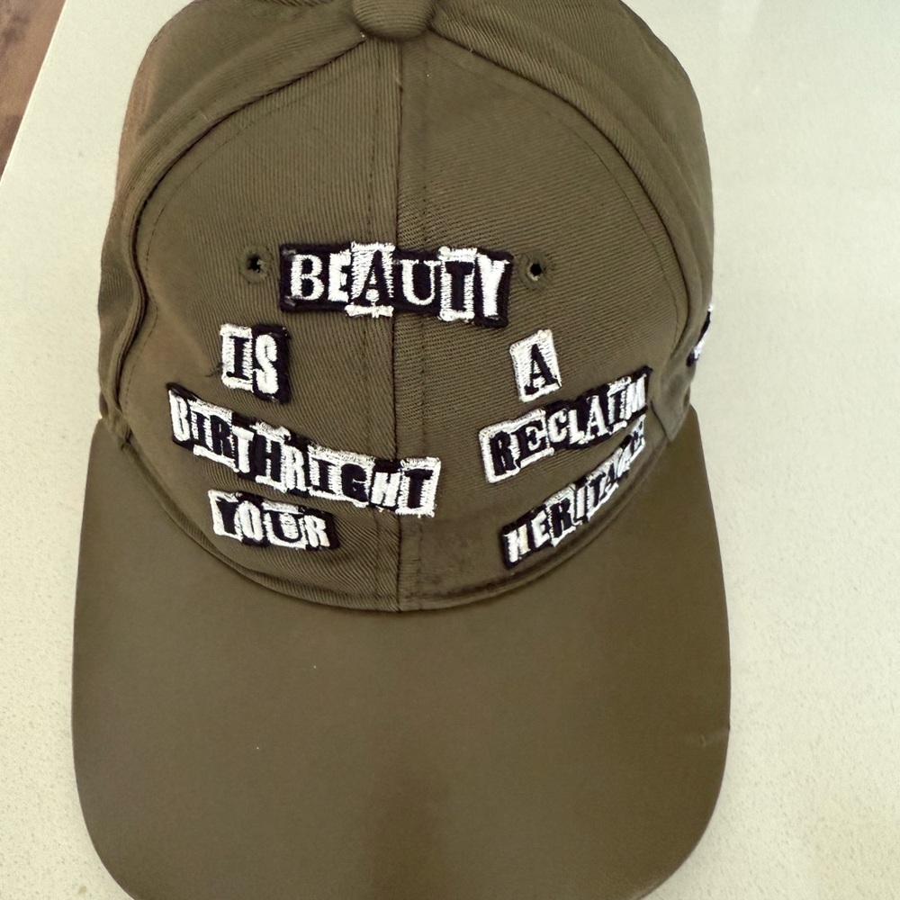 Valentino Green and White Hat with Embroidered Text